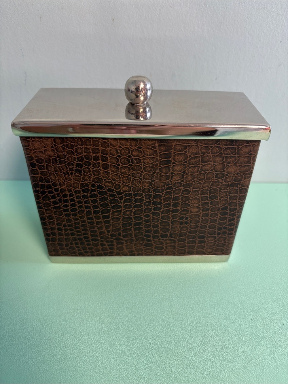 Sears Brown Crocodile Embossed Faux Leather Metal Container, Office Desk Storage